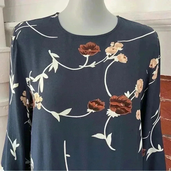 Ganni Dalton Shift Dress in Navy Blue Floral Crepe Long Sleeve Mini - Picture 10 of 16